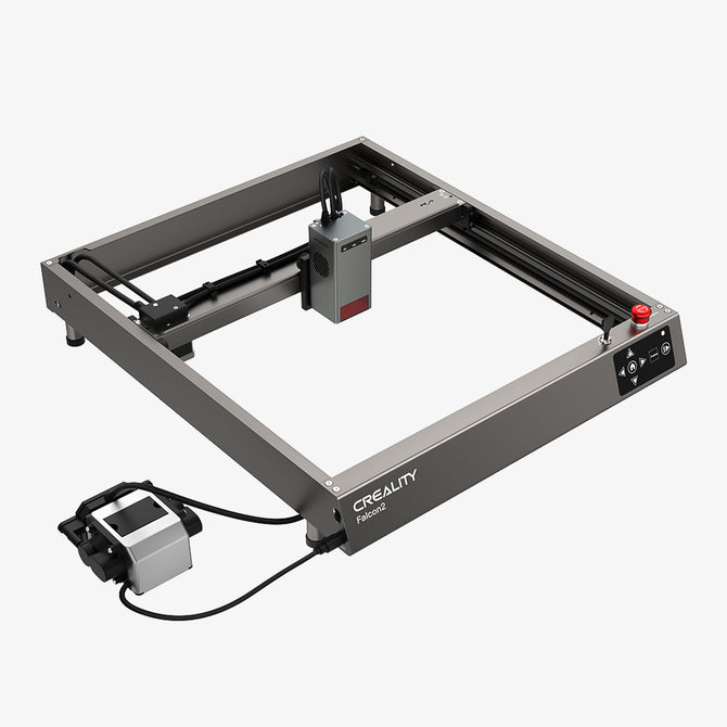 The Creality Falcon Falcon2 22W Diode Laser Engraver, shown in gray with an open-frame design and control buttons plus a power unit, demonstrates strong cutting power against a plain white background. The Creality Falcon Falcon2 22W Diode Laser Engraver, shown in gray with an open-frame design and control buttons plus a power unit, demonstrates strong cutting power against a plain white background.