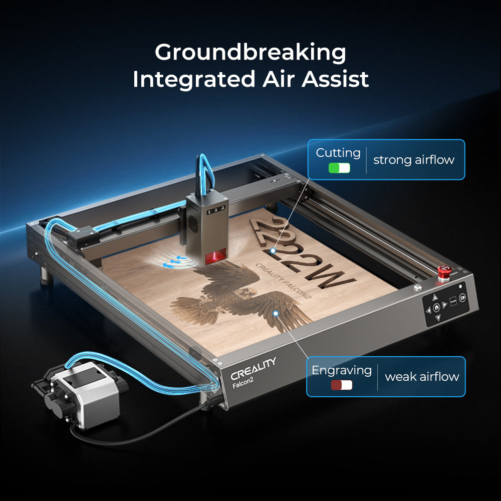 The Creality Falcon Falcon2 22W Diode Laser Engraver features integrated air assist, using strong blue airflow for cutting and weak white for engraving, demonstrated on a detailed bird design with colorful effects on wood. The Creality Falcon Falcon2 22W Diode Laser Engraver features integrated air assist, using strong blue airflow for cutting and weak white for engraving, demonstrated on a detailed bird design with colorful effects on wood.