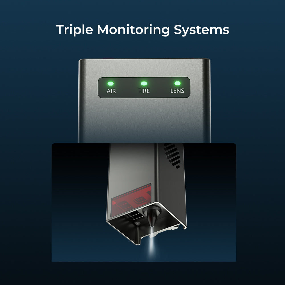 The Creality Falcon Falcon2 22W Diode Laser Engraver features three green indicator lights—"AIR," "FIRE," and "LENS"—above the device, which emits a precise white beam, highlighting its triple monitoring systems for optimized cutting power. The Creality Falcon Falcon2 22W Diode Laser Engraver features three green indicator lights—"AIR," "FIRE," and "LENS"—above the device, which emits a precise white beam, highlighting its triple monitoring systems for optimized cutting power.