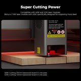 The Creality Falcon Falcon2 Pro 60W/40W/22W Enclosed Diode Laser Engraver offers FDA Class 1 safety, a visual positioning camera, and strong cutting power, with red laser light and safety labels highlighting its capabilities. Free test kit included.