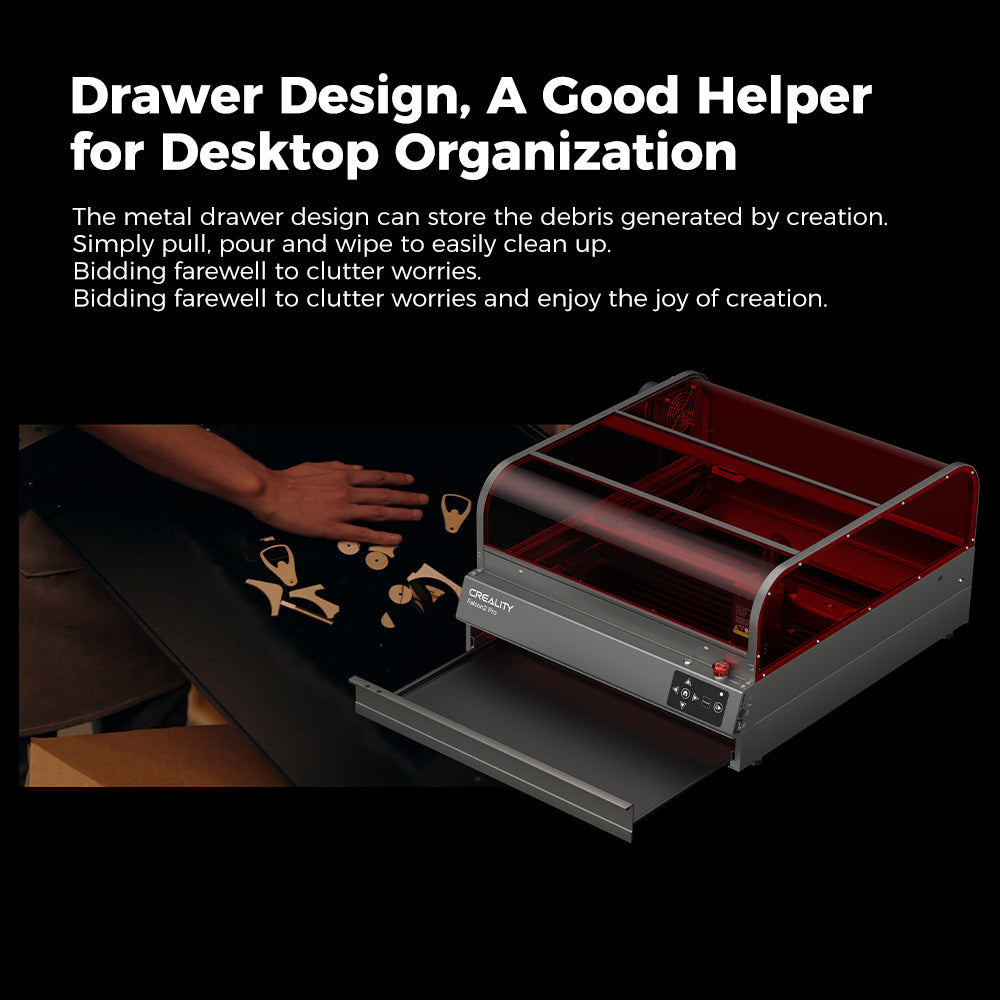 A user sweeps debris into the metal drawer of the Creality Falcon Falcon2 Pro 60W Enclosed Diode Laser Engraver, showing how its easy-clean drawer design helps with fast cleanup and better organization. White text highlights these advantages.