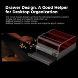 A user sweeps debris into the metal drawer of the Creality Falcon Falcon2 Pro 60W Enclosed Diode Laser Engraver, showing how its easy-clean drawer design helps with fast cleanup and better organization. White text highlights these advantages.