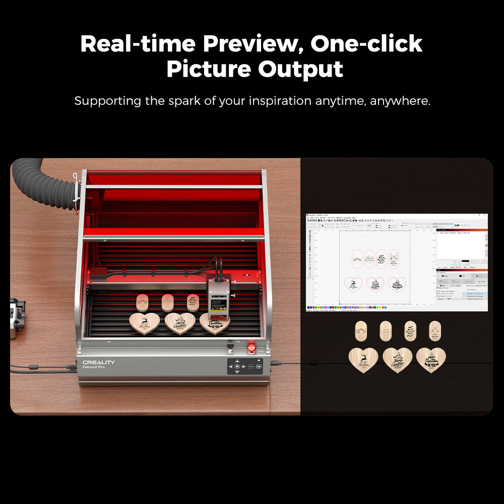 The Creality Falcon Falcon2 Pro 60W Enclosed Diode Laser Engraver etches heart-shaped wood, shown beside a PC with matching designs. With FDA Class 1 safety, it offers real-time preview and one-click picture output for easy creation.
