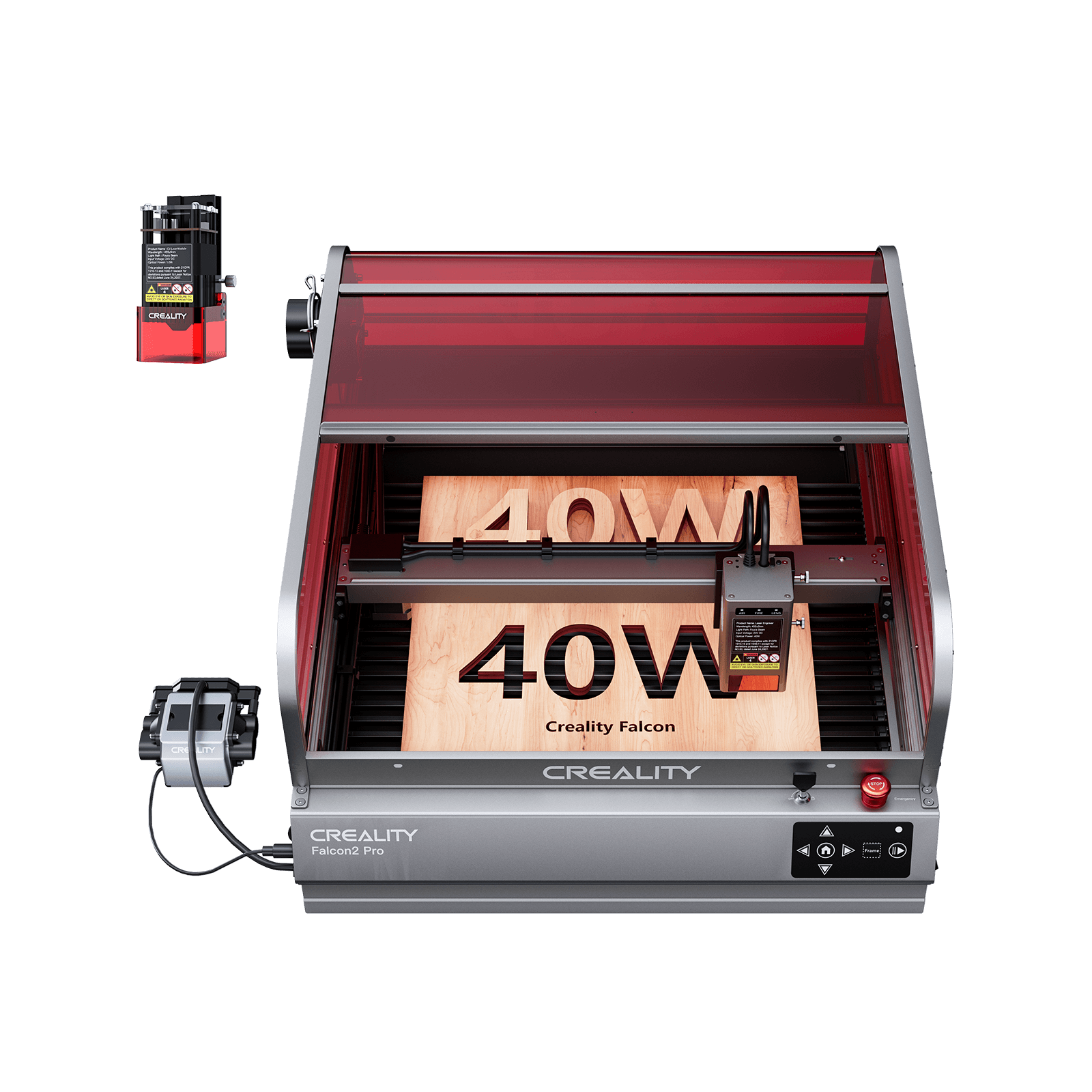 The Creality Falcon Falcon2 Pro 40W Enclosed Diode Laser Engraver, shown with a visual positioning camera, engraves a wooden "40W" board inside its red-tinted protective enclosure; includes a free test kit.