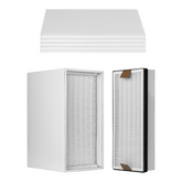 The image features Creality Falcon's Filter Replacement for Smoke Purifier, with large flat white filters on top and two upright rectangular box-shaped filters below, showcasing densely packed white mesh surfaces for optimal air quality.