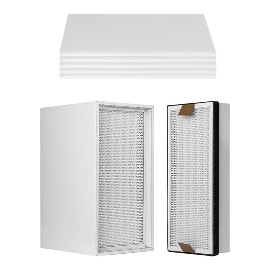 The image features Creality Falcon's Filter Replacement for Smoke Purifier, with large flat white filters on top and two upright rectangular box-shaped filters below, showcasing densely packed white mesh surfaces for optimal air quality. 1000
