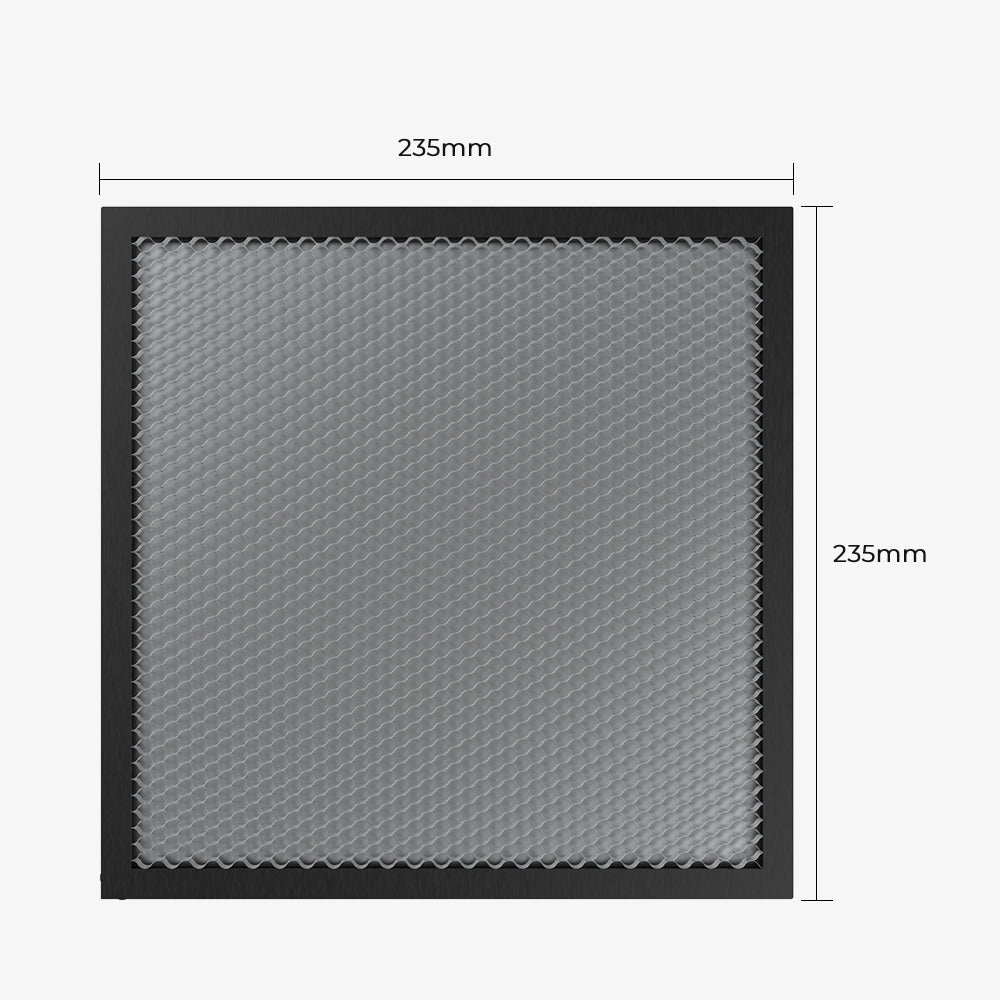 The CrealityFalcon 235x235 Honeycomb Workbench for Falcon A1 features a dark frame with a textured mesh surface. The honeycomb design measures 235mm by 235mm, with laser-engraved dimensions on the top and left side for easy reference.