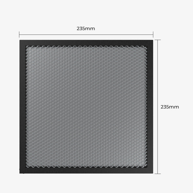 The CrealityFalcon 235x235 Honeycomb Workbench features a black frame and gray mesh center, designed for heat dissipation and enhanced 3D printer protection. Shown from above with labeled dimensions for easy reference.