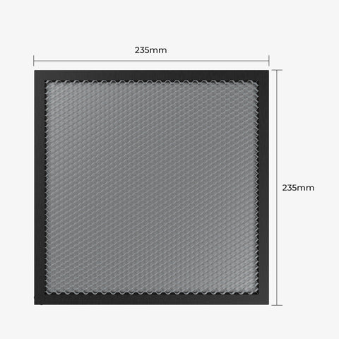 The CrealityFalcon 235x235 Honeycomb Workbench for Falcon A1 features a dark frame with a textured mesh surface. The honeycomb design measures 235mm by 235mm, with laser-engraved dimensions on the top and left side for easy reference.