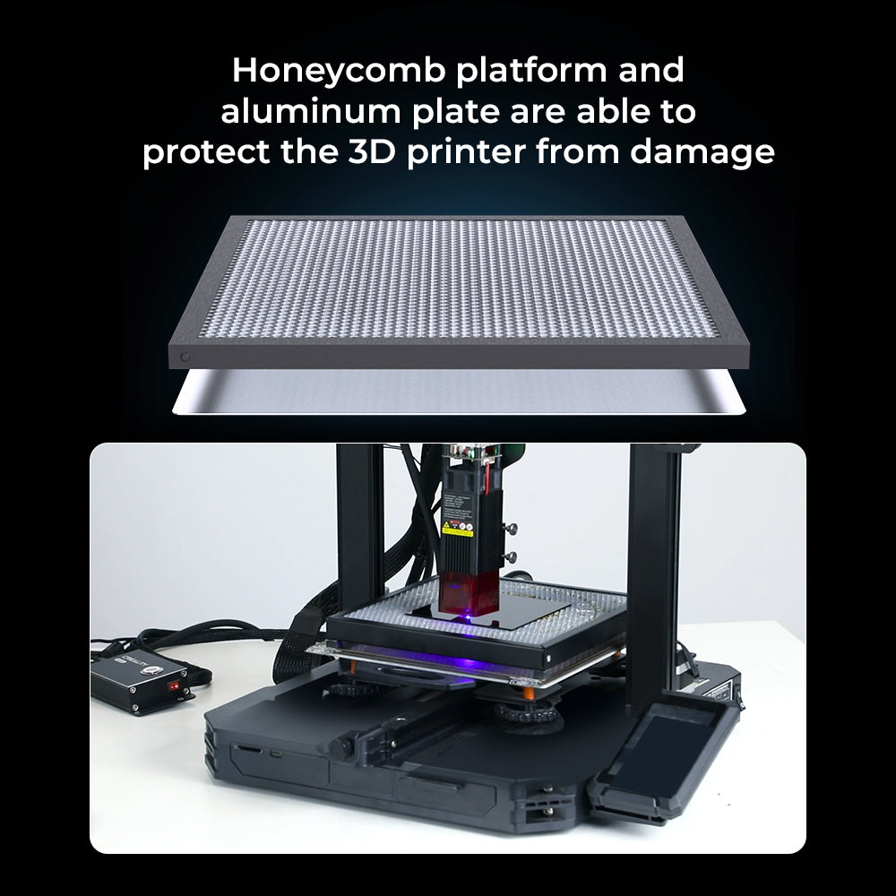 This image highlights the CrealityFalcon 235x235 Honeycomb Workbench for Falcon A1. The top section shows its aluminum plate's honeycomb design for enhanced heat dissipation, while the bottom features the printer with this platform on its bed, ensuring optimal performance and protection.