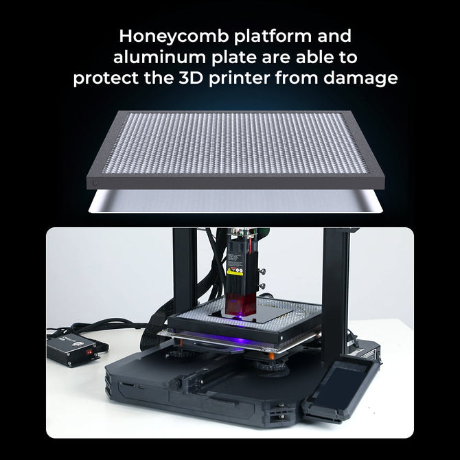 The CrealityFalcon 235x235 Honeycomb Workbench, shown above a 3D printer in action, highlights how this aluminum plate boosts 3D printer protection and improves heat dissipation to help prevent damage.