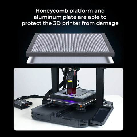This image highlights the CrealityFalcon 235x235 Honeycomb Workbench for Falcon A1. The top section shows its aluminum plate's honeycomb design for enhanced heat dissipation, while the bottom features the printer with this platform on its bed, ensuring optimal performance and protection.