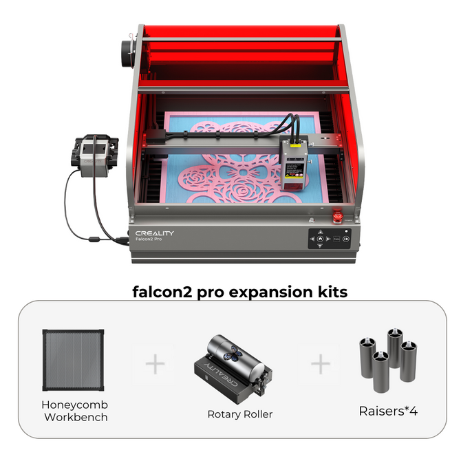 The image shows a red-framed Creality Falcon2 Pro 22W Enclosed Laser Engraver and Cutter with a pink floral design platform, boasting FDA Class 1 Safety Certification. Below are expansion kits: honeycomb workbench, rotary roller, and four raisers for enhanced engraving versatility.
