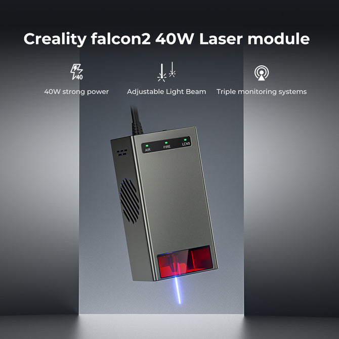 Image of the Creality Falcon Laser Module 40W for Falcon2 Laser Engravers features a sleek metallic design with a downward laser beam for ultra-fast, precise engraving. Text highlights its 40W power, adjustable light beam, and triple monitoring systems for vibrant engravings.