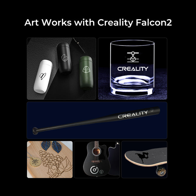 A collage displaying a variety of items intricately engraved with designs using the advanced Creality Falcon2 series is shown. The items, including tumblers, a glass, a baseball bat, jewelry, a guitar, and a skateboard, have all been skillfully transformed through the precise height adjustment capabilities provided by the Risers for Falcon2 & Falcon2 Pro Series Laser Engraving from Creality Falcon.