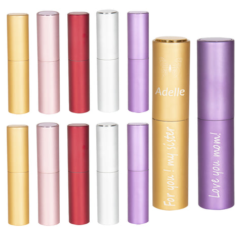 A collection of slim, cylindrical, refillable perfume bottles in various colors, including gold, white, red, pink, silver, and purple. Some bottles feature custom inscriptions created by an expert engraver: "Adelle," "For you! my sister," and "Love you mom!" All bottles have a sleek design. These are the 10pcs Portable 8ml Atomizer Perfume Spray Bottles for Laser Engraving from CrealityFalcon.