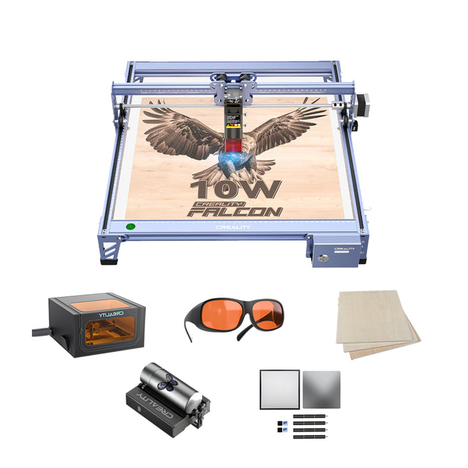 The 10W Creality Falcon CR-Laser Engraver and Cutter Bundle All-in-one Kits skillfully etches an eagle onto a wooden board with precision and artistry. This product comes with accessories such as safety glasses, a power adapter, and Basswood Plywood Sheets for additional projects.