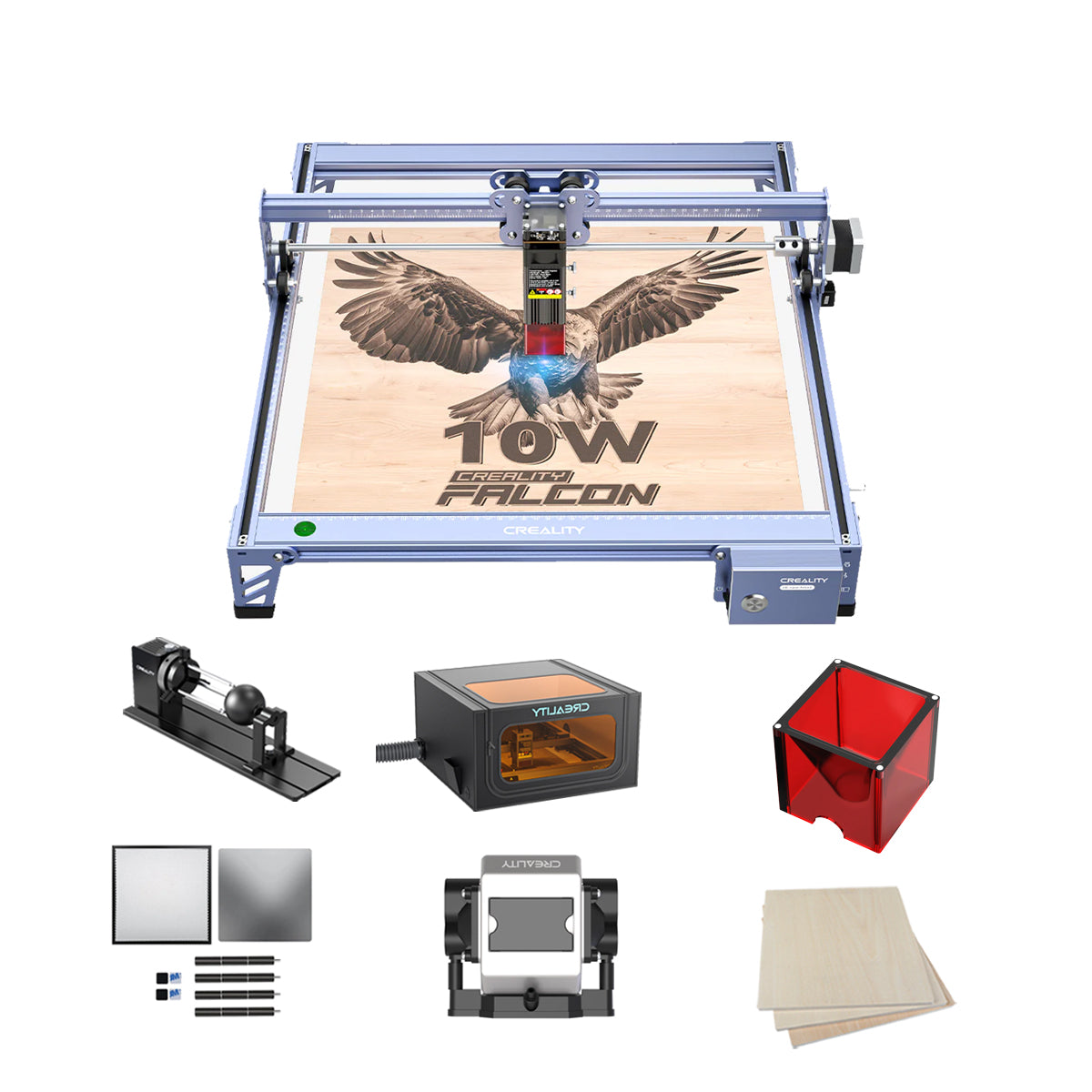 The Creality Falcon CR 10W Diode Laser Engraver skillfully etches an eagle onto wood with high precision. Accessories shown: rotary roller, protective cover, safety goggles, metal plates, air assist device, and wooden sheets.