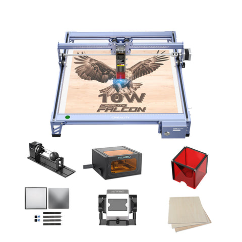 The 10W CR-Laser Falcon Laser Engraver and Cutter from Creality Falcon demonstrates its ultrafine engraving precision by crafting a detailed falcon on wood. It features an expansive engraving area and comes equipped with practical accessories, including a rotary roller, protective case, and wooden sheets.