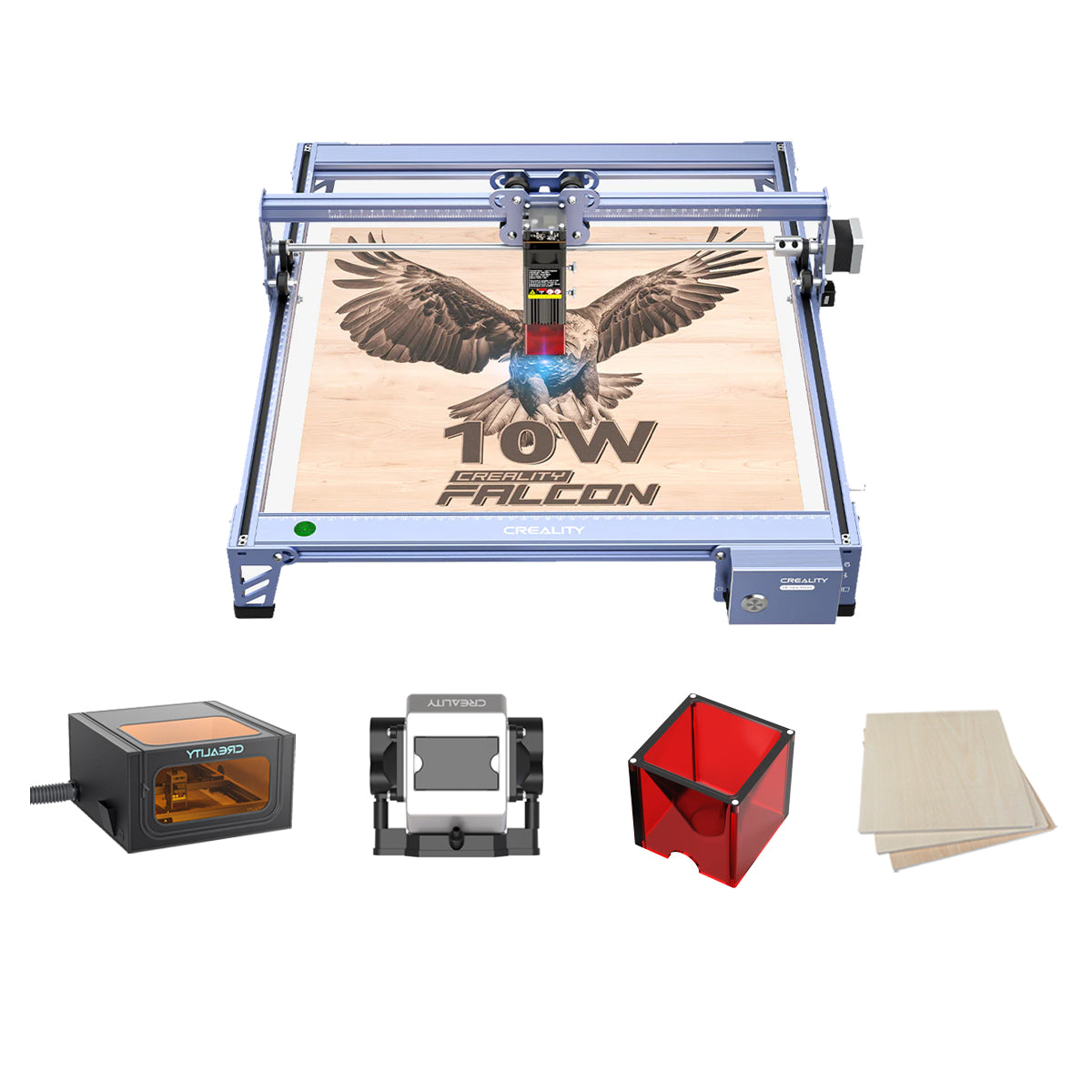 The Creality Falcon 10W CR-Laser Engraver and Cutter displays a high-precision eagle engraving on wood, shown with accessories: power supply, safety goggles, red container, tool stand, and wood sheets. Free Test Kit included.