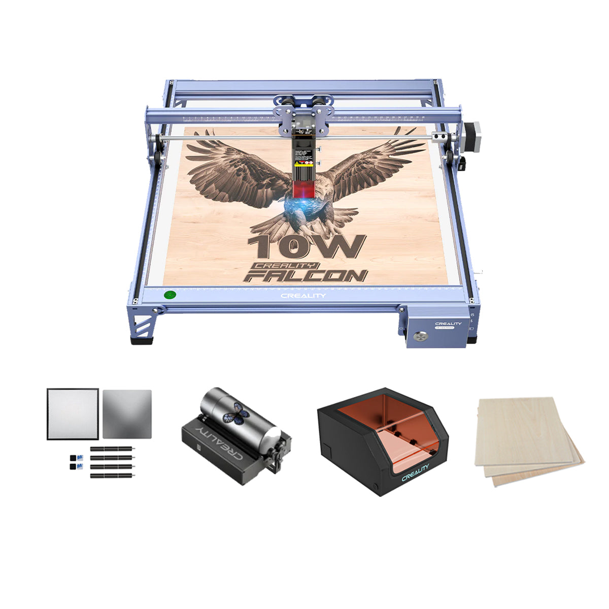 This image features the 10W CR-Laser Falcon Laser Engraver and Cutter from Creality Falcon, showcasing an eagle design engraved on wood. Known for its ultrafine engraving accuracy, it comes with accessories like reflective squares, a cylinder attachment, a protective box, and wooden sheets for versatile creations.