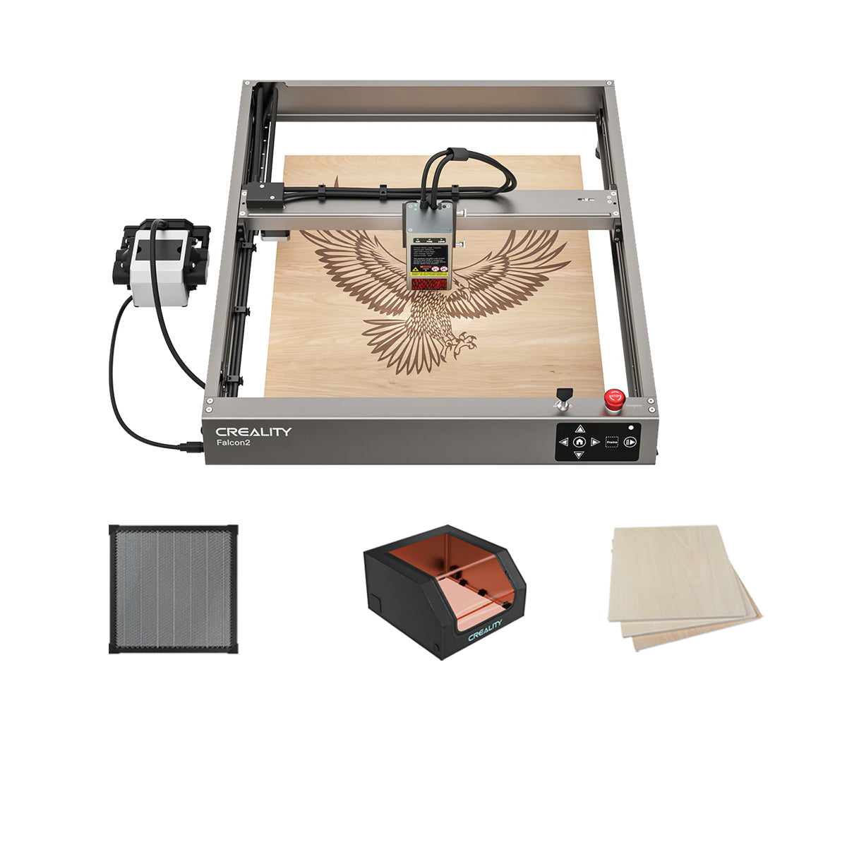 The Creality Falcon2 12W Laser Engraver and Cutter by Creality Falcon engraves an eagle on a wood sheet with its ultra-fast laser and built-in air assist, shown with a honeycomb panel, orange protective enclosure, and extra wooden sheets.