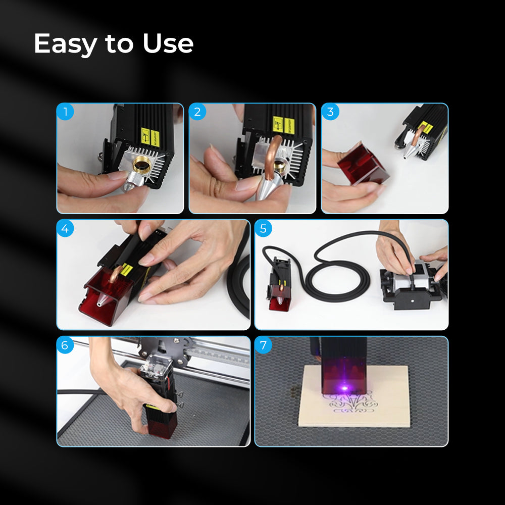 The Creality Falcon Air Assist guide provides step-by-step instructions for setting up and using the CR-Laser Falcon 7.5W and 10W Engraver. In Steps 1-3, you attach the component, followed by Step 4 where you secure it in place. Step 5 involves connecting the necessary cables, and Step 6 requires installing the system onto a machine. To ensure powerful airflow and maintain low working noise during operation, proceed to Step 7 to engrave a design using the purple laser feature of this product.