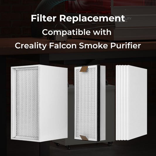 The image shows three views of the white Filter Replacement for Smoke Purifier, compatible with Creality Falcon. In the background, parts of a purifier appear next to text confirming its suitability with this model.