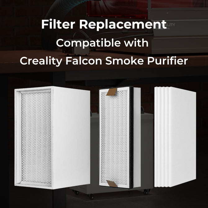 The image shows three views of the white Filter Replacement for Smoke Purifier, compatible with Creality Falcon. In the background, parts of a purifier appear next to text confirming its suitability with this model.