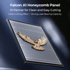 A metal honeycomb panel with a golden falcon emblem is displayed, promoting the CrealityFalcon 460*346mm Honeycomb Workbench for Falcon A1, featuring clean cuts and strong load-bearing. Key features are emphasized in bold text.