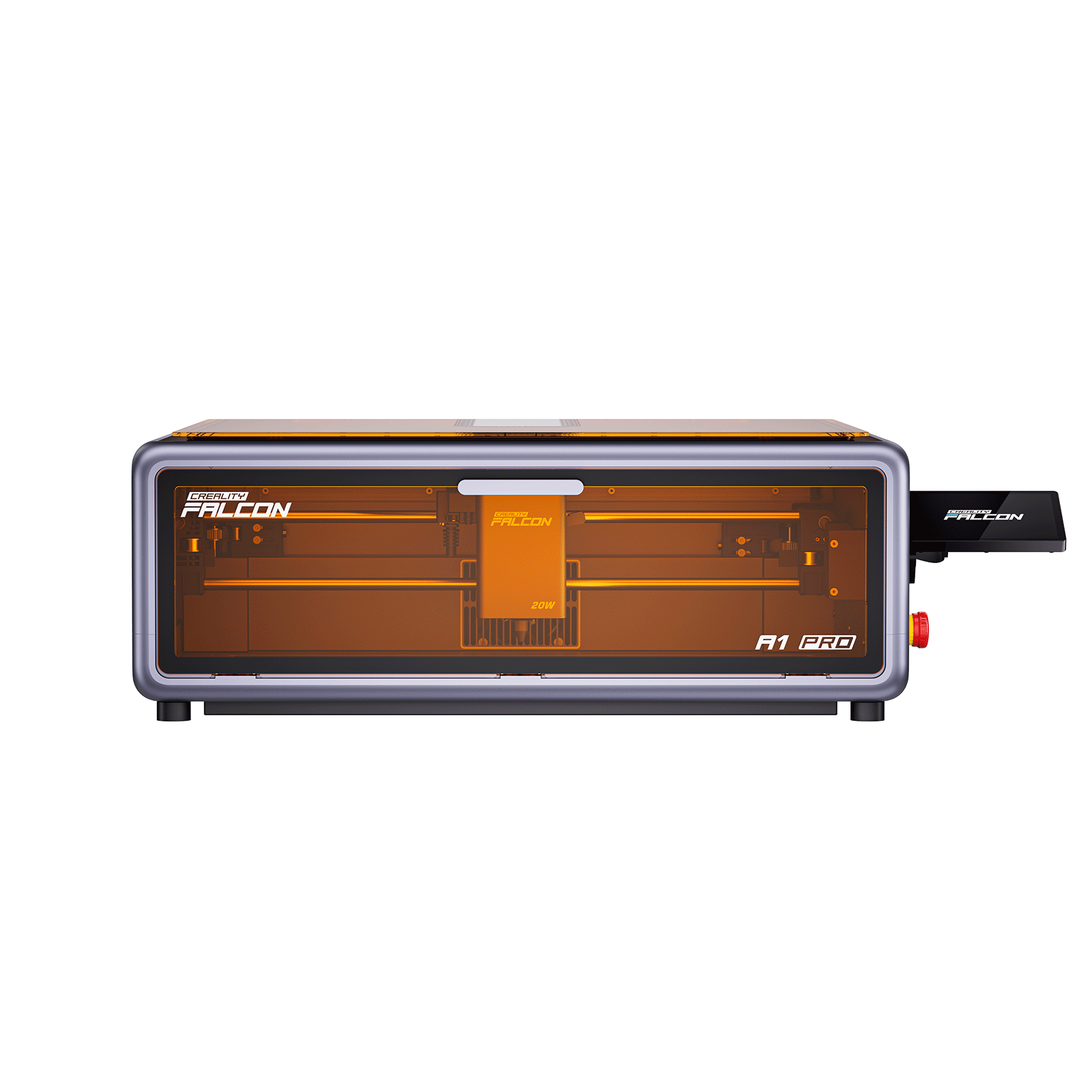 Front view of the Creality Falcon A1 Pro 20W Dual-laser Engraver, a rectangular machine with a transparent orange cover, visible internal parts, and a USB stick inserted on the right side.