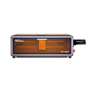 A front view of the Creality Falcon Falcon A1 Pro 20W Dual-laser Engraver with an orange-tinted cover shows its internal components and modern design. Comes with a free test kit. Displayed on a white background.