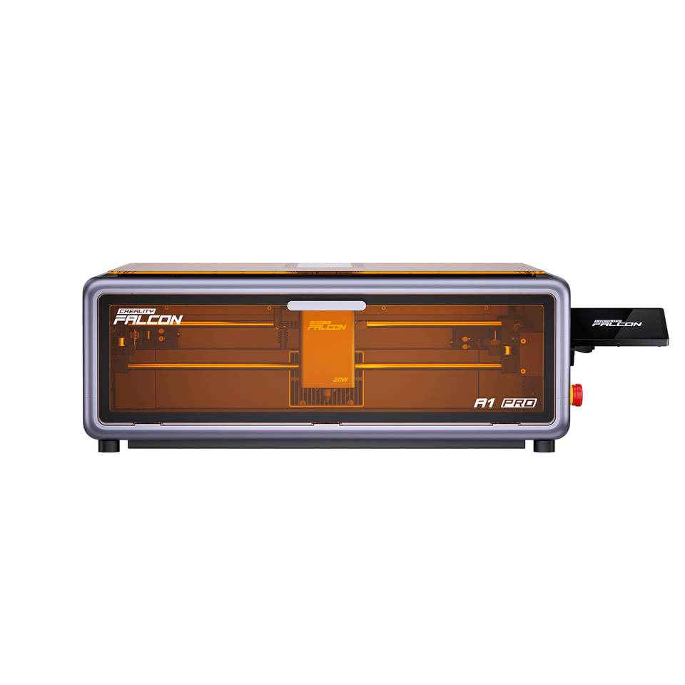 A front view of the Creality Falcon Falcon A1 Pro 20W Dual-laser Engraver with an orange-tinted cover shows its internal components and modern design. Comes with a free test kit. Displayed on a white background.