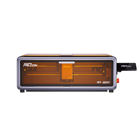 Front view of the Creality Falcon A1 Pro 20W Dual-laser Engraver, a rectangular machine with a transparent orange cover, visible internal parts, and a USB stick inserted on the right side.