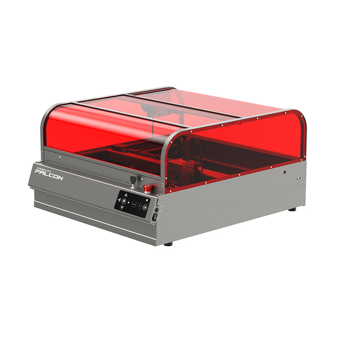 The Creality Falcon Falcon2 Pro S 40W Enclosed Diode Laser Engraver features a gray base, curved red transparent protective cover, front control buttons, and a digital display.