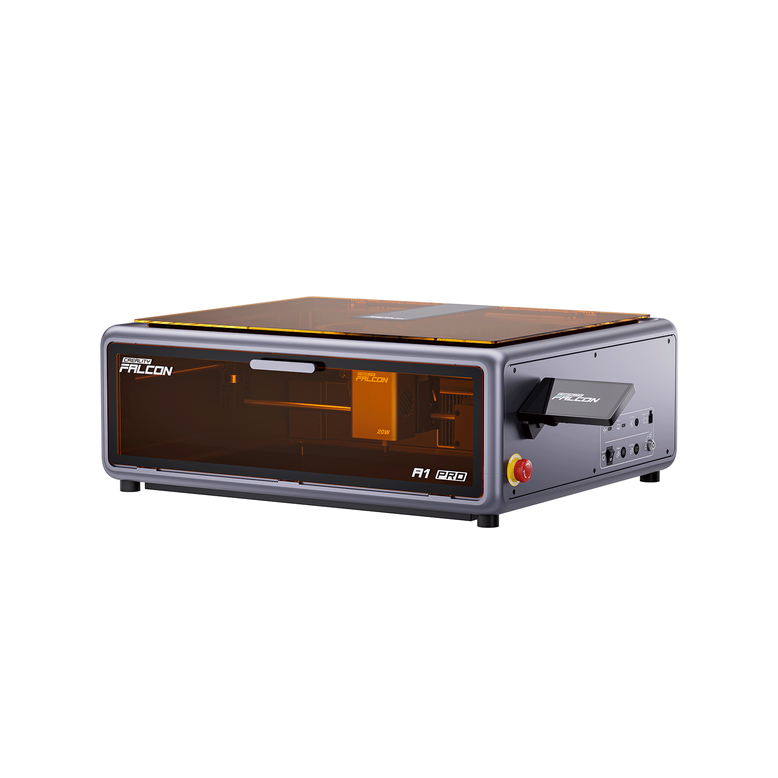The Creality Falcon A1 Pro 20W Dual-laser Engraver is a compact desktop device with a transparent orange lid, precision controls and side ports, designed for detailed engraving projects.