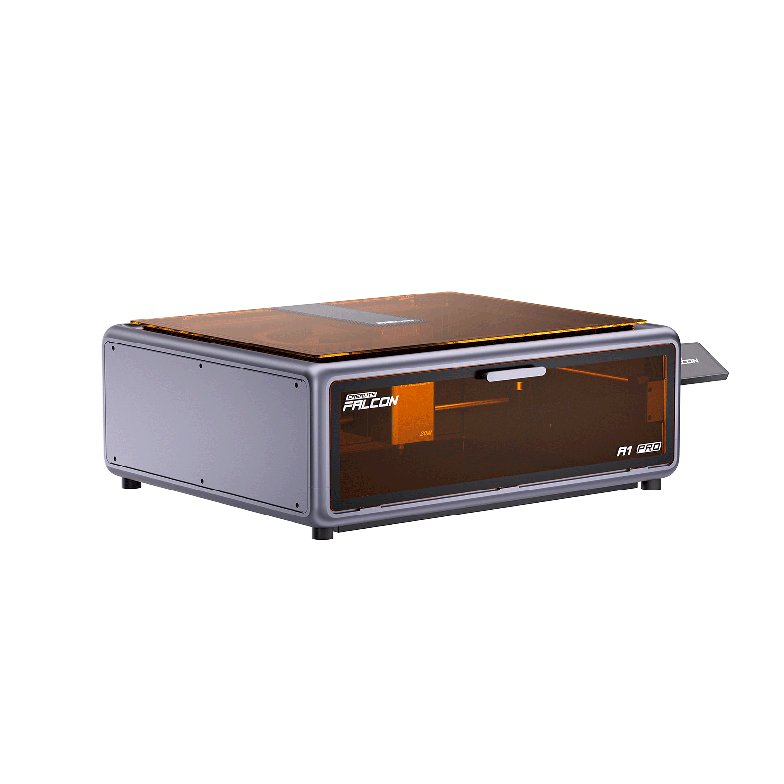 A compact, gray Creality Falcon A1 Pro 20W dual-laser engraver with an amber-tinted transparent lid and a front panel labeled "FALCON" and "F1 830," displayed on a white background.