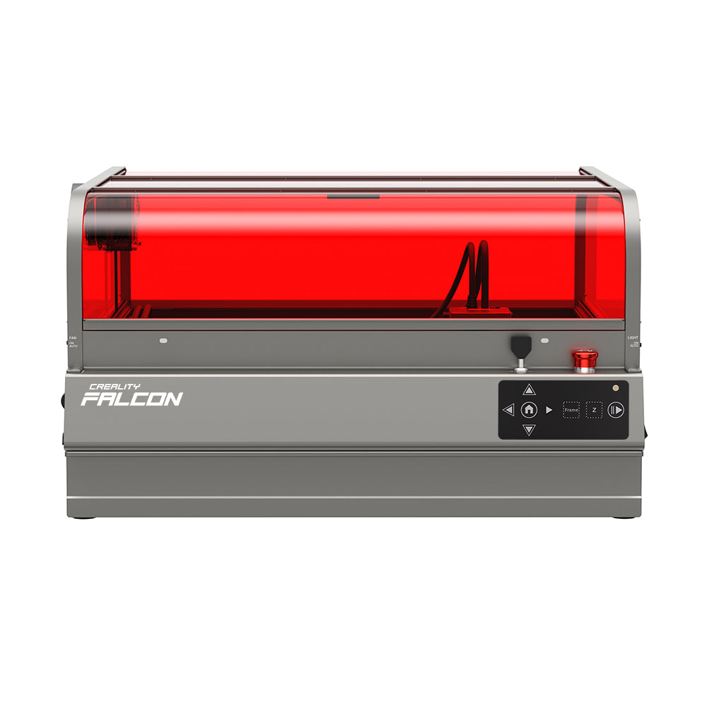 The Creality Falcon Falcon2 Pro S 22W Enclosed Diode Laser Engraver, featuring a gray body and red-tinted transparent cover with control panel and front buttons, is displayed on a white background—ideal for product galleries with responsive images.