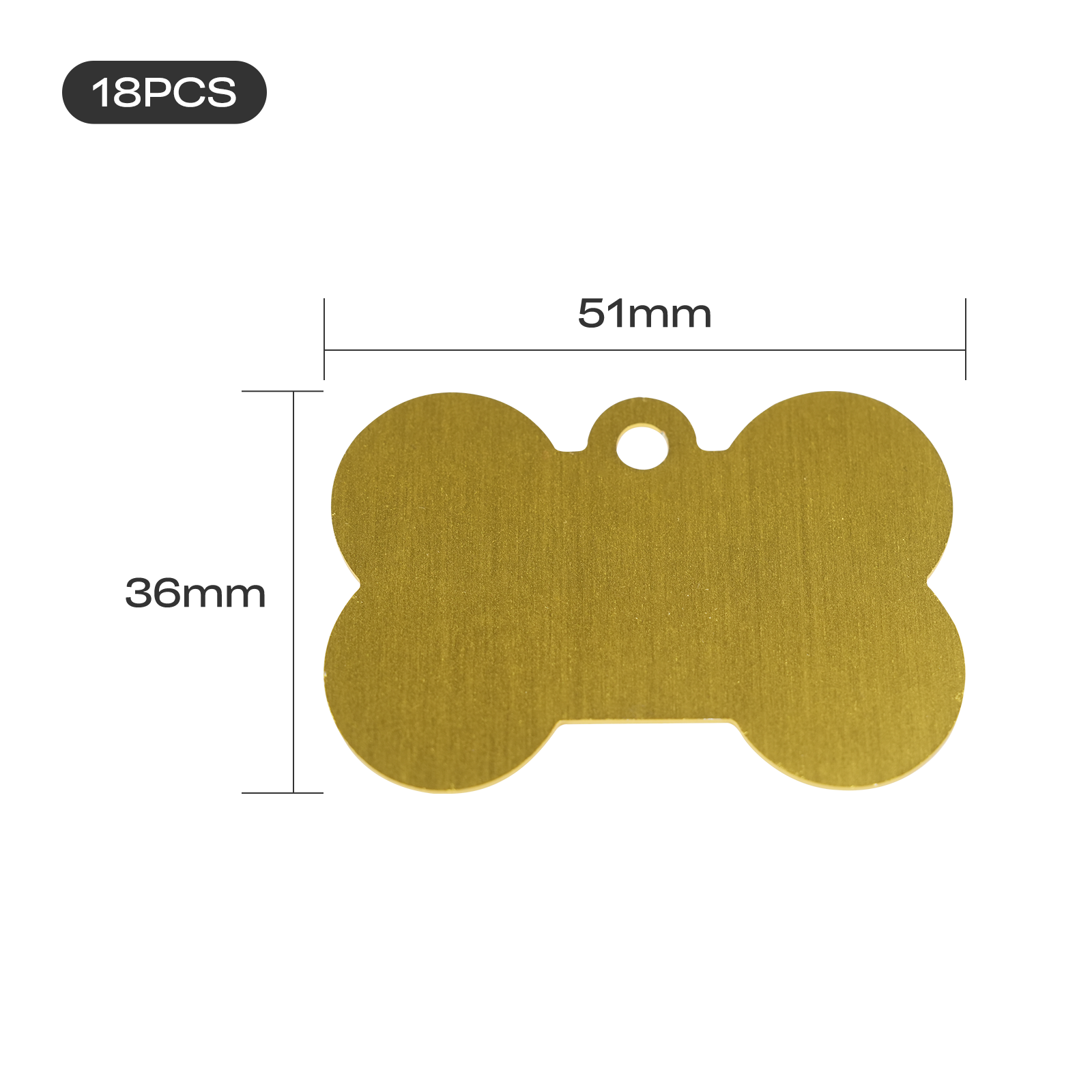 Creality Falcon Aluminum Dog Tags, gold and bone-shaped with a small top-center hole, measure 51mm x 36mm. Set includes 18 tags.