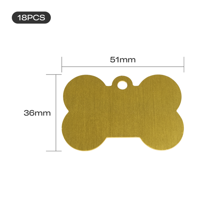 Creality Falcon Aluminum Dog Tags, gold and bone-shaped with a small top-center hole, measure 51mm x 36mm. Set includes 18 tags.