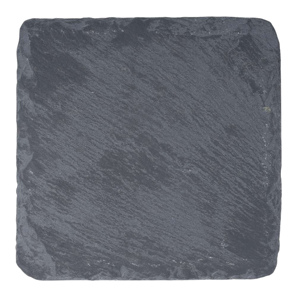 A set of five Creality Falcon Black Square Stone Coasters for Laser Engraver, featuring a rough, natural texture and slightly uneven edges, is displayed against a plain white background.