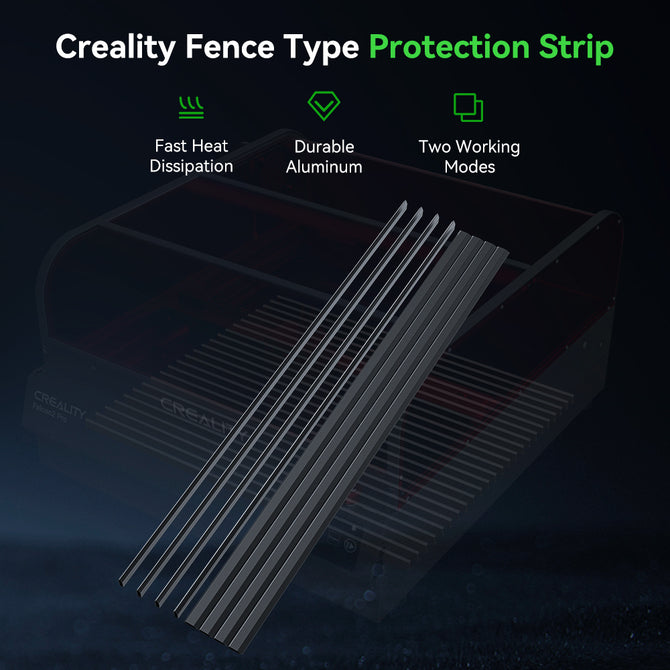Angled view of CrealityFalcon Fence Type Protection Strip shows several black metal strips. Features include fast heat dissipation, durable aluminum build, and two working modes. Product partially visible against a dark background.