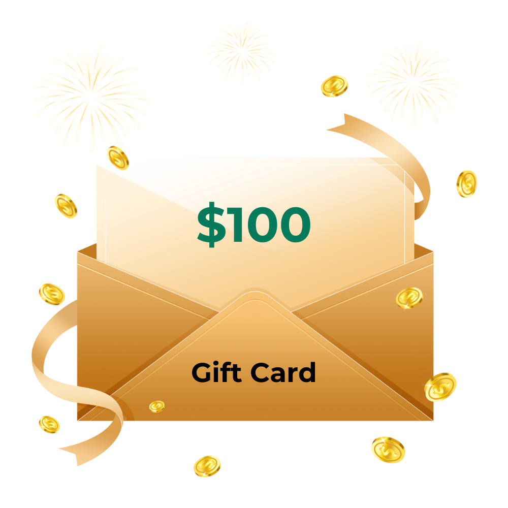 An open gold envelope reveals a CrealityFalcon Gift Card worth $100. Surrounded by gold coins, white flowers, and ribbons, the scene exudes festivity.