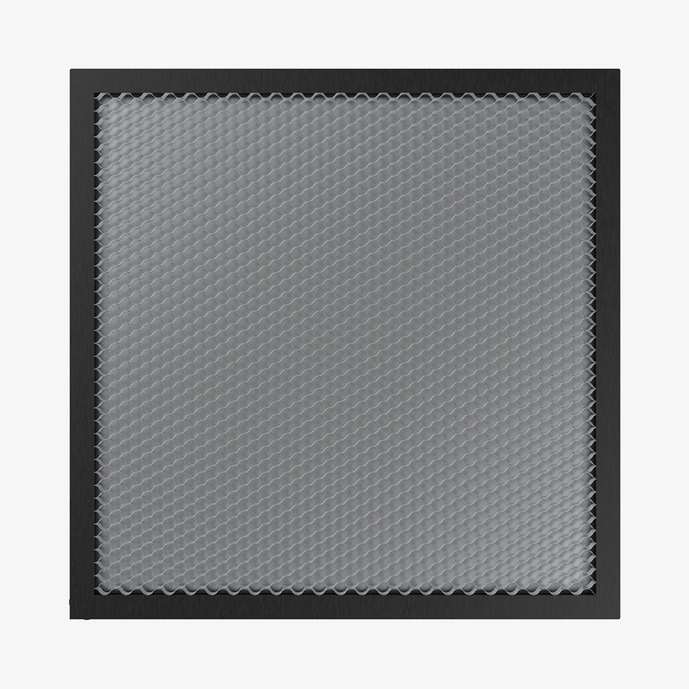 The CrealityFalcon 235x235 Honeycomb Workbench for Falcon A1 features a square metal sheet with a honeycomb design in a black frame. This pattern, viewed from above, offers a textured grid appearance that enhances both its aesthetics and heat dissipation properties.