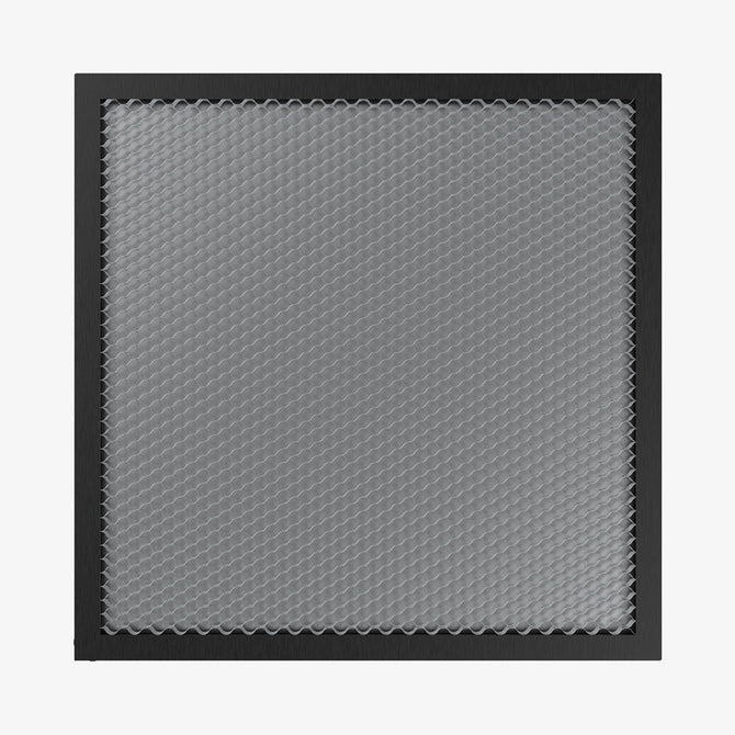 A close-up of the CrealityFalcon 235x235 Honeycomb Workbench, featuring a black frame and metallic honeycomb mesh screen for efficient heat dissipation and protection during 3D printing.