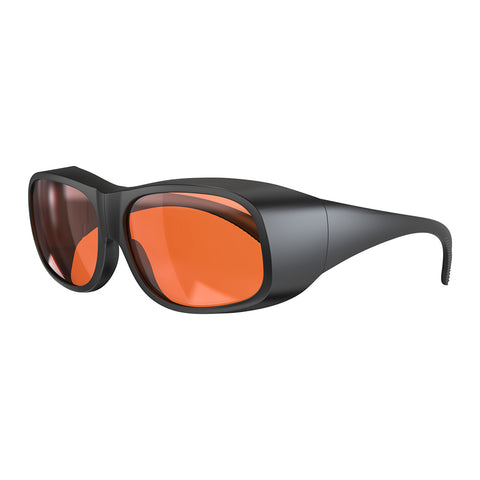 Sleek black Creality Falcon wraparound safety glasses with orange-tinted lenses, wide side shields, and enhanced protection for nearsighted individuals against wavelengths of 180-534nm for all laser engravers and cutters.