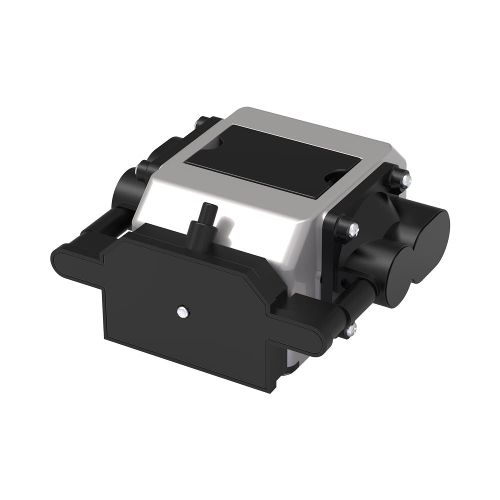 The Creality Falcon Air Assist for the CR-Laser Falcon 7.5W and 10W Engraver is a mechanical component with a rectangular metallic casing, featuring black cylindrical attachments on each side. The design includes a flat top with bolt fittings to ensure powerful airflow and low working noise, isolated on a white background.