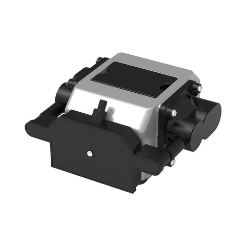 The Creality Falcon Air Assist for the CR-Laser Falcon 7.5W and 10W Engraver is a mechanical component with a rectangular metallic casing, featuring black cylindrical attachments on each side. The design includes a flat top with bolt fittings to ensure powerful airflow and low working noise, isolated on a white background.
