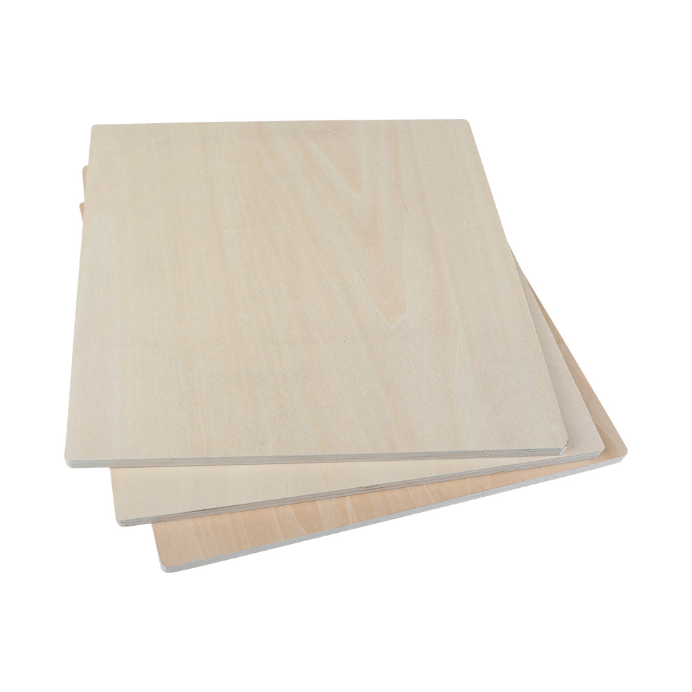 Three Creality Falcon Thickness Basswood Plywood Sheets, stacked and slightly fanned on a white background, showcase subtle wood grain patterns. Ideal for your next laser engraving project or DIY decoration idea.