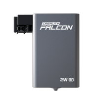 A metallic rectangular Creality Falcon 2W Infrared Laser Module with a black attachment on the top left, set against a plain white background.